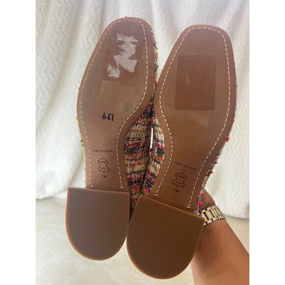 Tory Burch Pink Cream Gold Tweed Wooden Block Heel Georgia Pump Womens 7 US - Picture 14 of 14